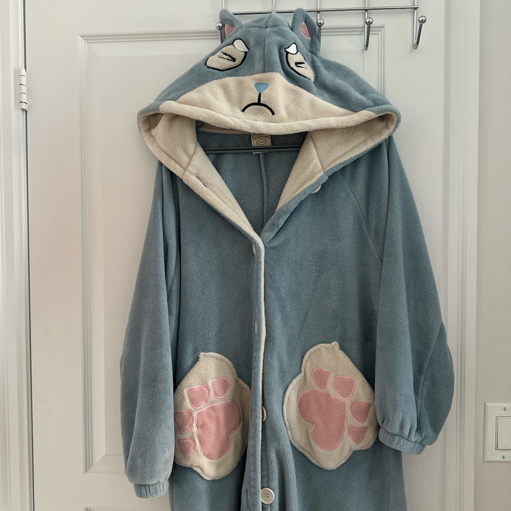 Baby Blue Plush Hooded Robe with Ears & Tail – Soft Cozy Long Robe (Size M)